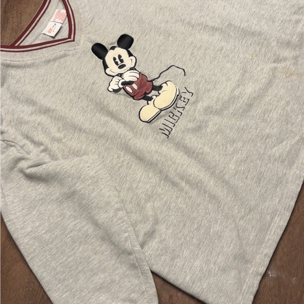 Y2K Disney Mickey Mouse Gray and Maroon V-Neck Sweater